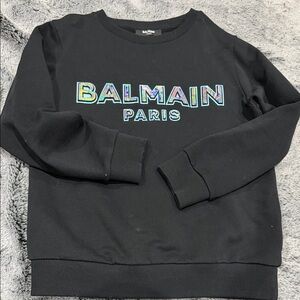 Balmain Black Crewneck Sweater with Iridescent Logo